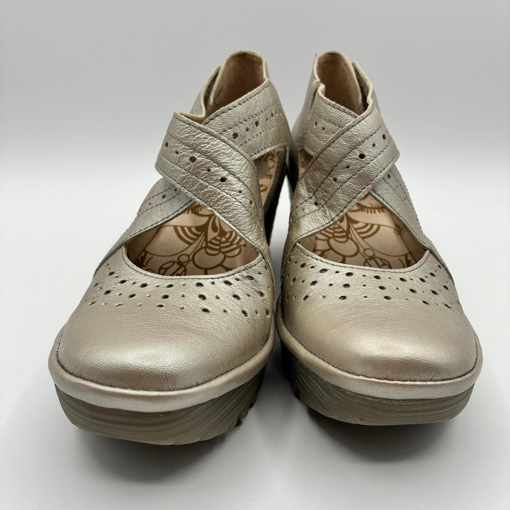 Fly London Yepe Wedge Sandals Womens 38 7.5-8 Gold Leather Perforated Mary Jane - Picture 8 of 15